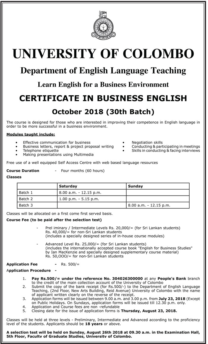 Certificate in Business English - Department of English Language Teaching - University of Colombo